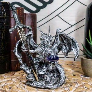 Legendary Silver Dragon Carrying Orb and Excalibur Sword Letter Opener Figurine