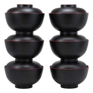 Made In Japan Traditional Black Red Lacquer Plastic Bowls With Lid Set Pack of 6