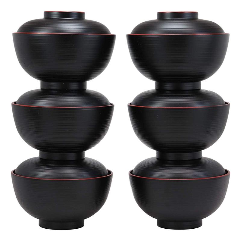 Made In Japan Traditional Black Red Lacquer Plastic Bowls With Lid Set Pack of 6
