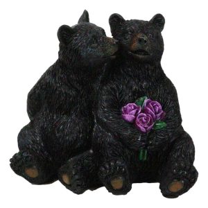 Rustic Forest Whimsical Cuddling Black Bear Couple with Flower Bouquet Figurine