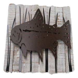 Wood Metal Nautical Marine Large Fish Swimming by Reeds Abstract Wall Art Plaque