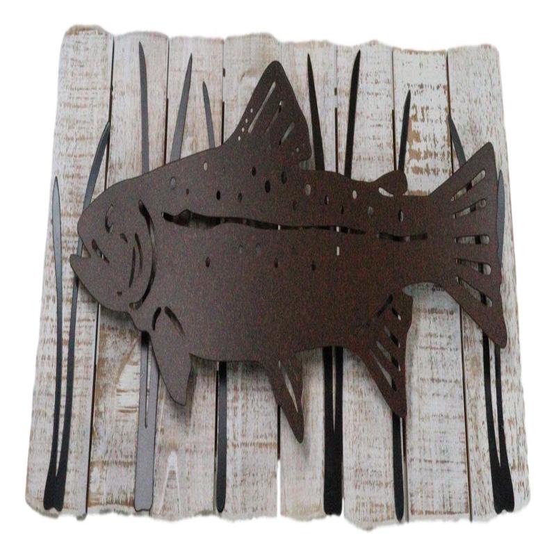 Wood Metal Nautical Marine Large Fish Swimming by Reeds Abstract Wall Art Plaque