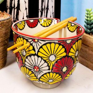 Colorful Spring Sunflowers Porcelain Ramen Soup Rice Bowl With Chopsticks Set