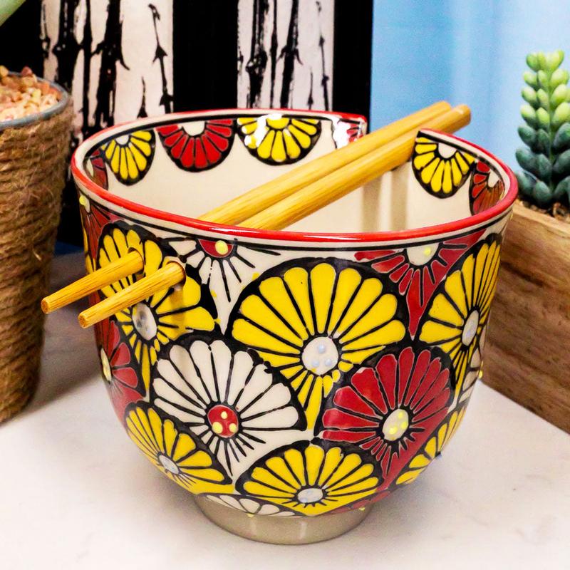 Colorful Spring Sunflowers Porcelain Ramen Soup Rice Bowl With Chopsticks Set