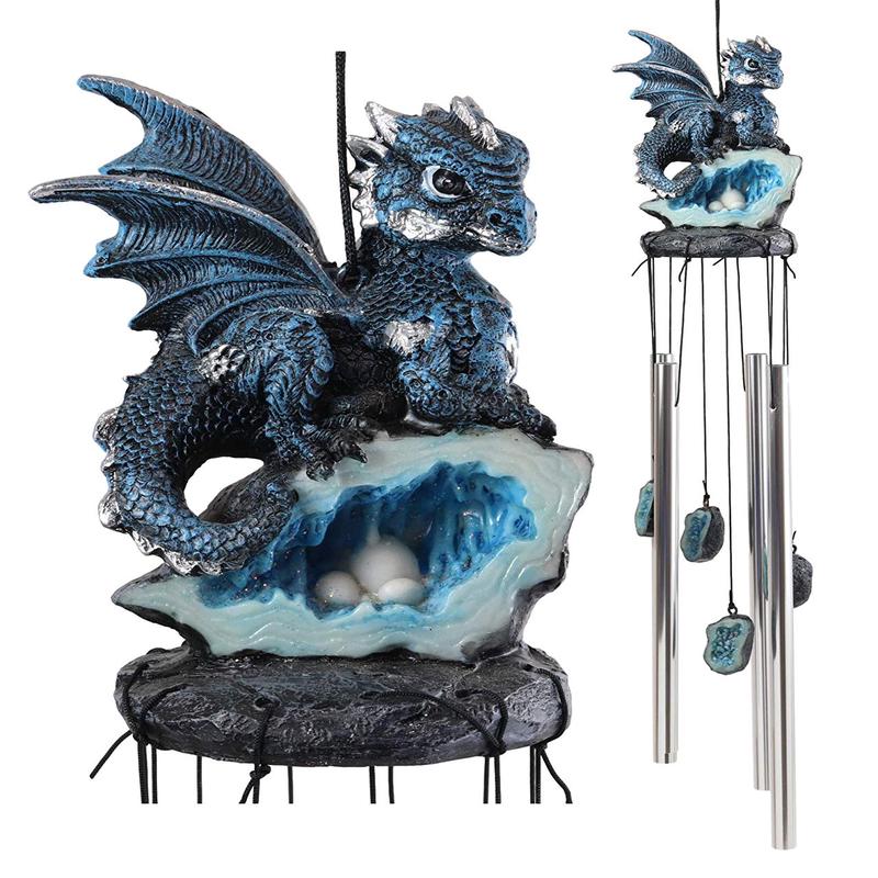 Ebros Blue Dragon Guarding Crystal Crown Top Resonant Wind Chime with Ornaments