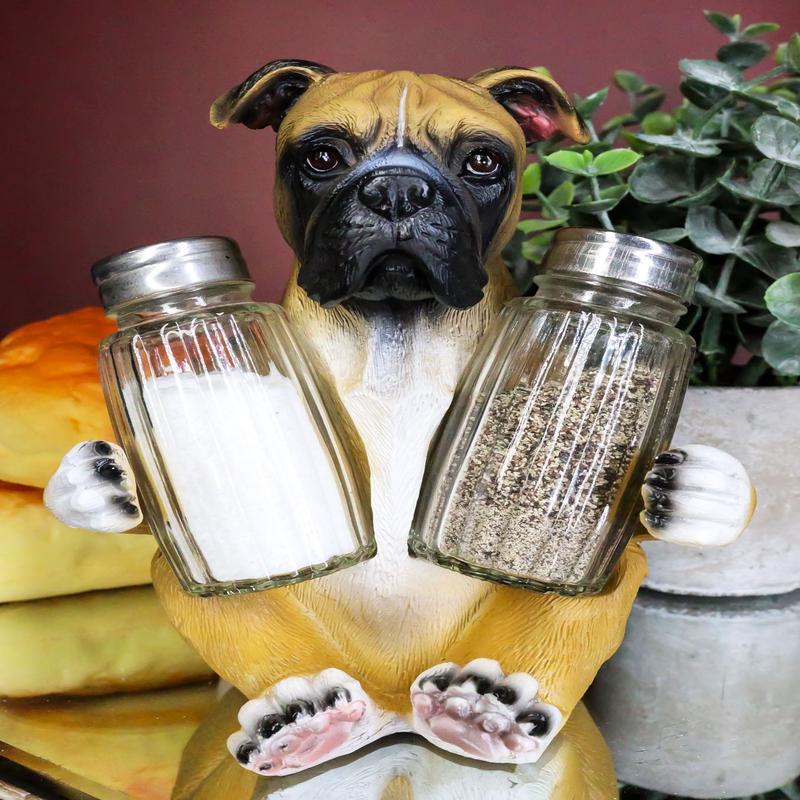 Ebros Fawn Boxer Puppy Dog Hugging Glass Salt Pepper Shakers Holder 6.25"High