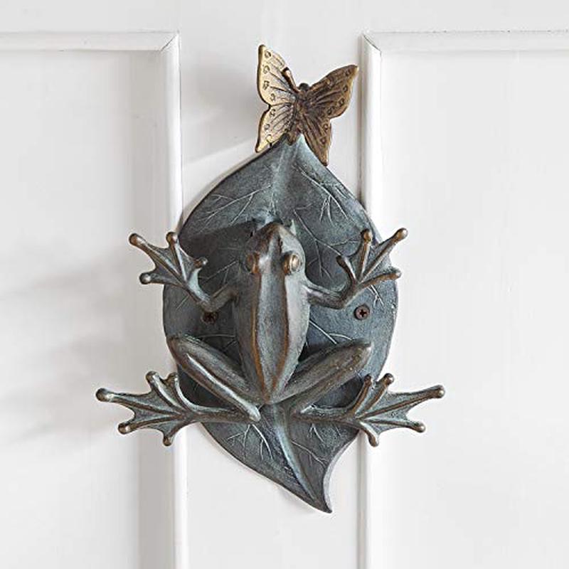 Ebros Gift Large 12" Tall Aluminum Metal Whimsical Frog On Giant Leaf with Butterfly Door Knocker Statue Zen Feng Shui Frogs Home Decorative Accent Sculpture