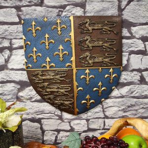 Ebros Gift Large Medieval Kingdom Knight Coat of Arms Le Fleur Symbols and 3 Dragons Royal Shield Wall Decor Plaque in Maroon and Blue Colors 19" Tall Heraldry House of Nobility Symbols