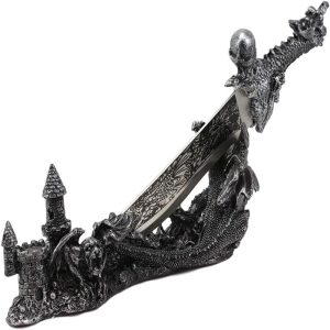 Ebros Gift Obsidian Athame Dragon Blade Letter Opener with Castle Base Stand Set