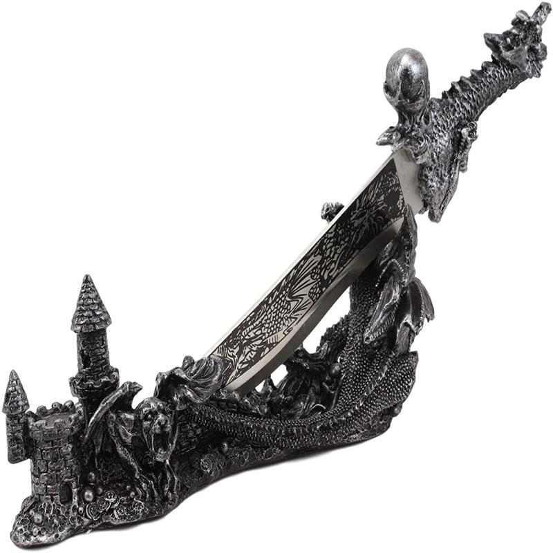 Ebros Gift Obsidian Athame Dragon Blade Letter Opener with Castle Base Stand Set