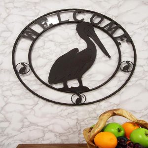 Ebros Gift Oversized 24" Wide Vintage Rustic Louisiana Pelican Bird Symbol With Welcome Sign Braided Metal Aluminum Circle Wall Decor 3D Art Greeting Plaque Western Country