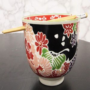 Ebros Gift Pink Fuchsia Floral Blossoms Ramen Udong Noodles 5" Diameter Bowl With Built In Chopsticks Rest and Bamboo Chopstick Set for Dining Soup Rice Meal Cereal Bowls Decor