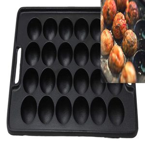 Ebros Gift Rectangular Traditional Cast Iron Japanese Street Food Takoyaki Stuffed Mushrooms Dessert Cakes Snacks Special Cooking Plate Pan Takoyaki-Nabe With Side Handle Holes Restaurant Supply