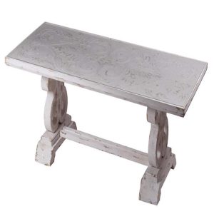 Ebros Gift Rustic Off White Distressed Fir Wood Oversized Southern French Living Country Vintage Family Dining Table with Scroll Work Design Base and Glass Top 95" Wide and 30" High Seats 8