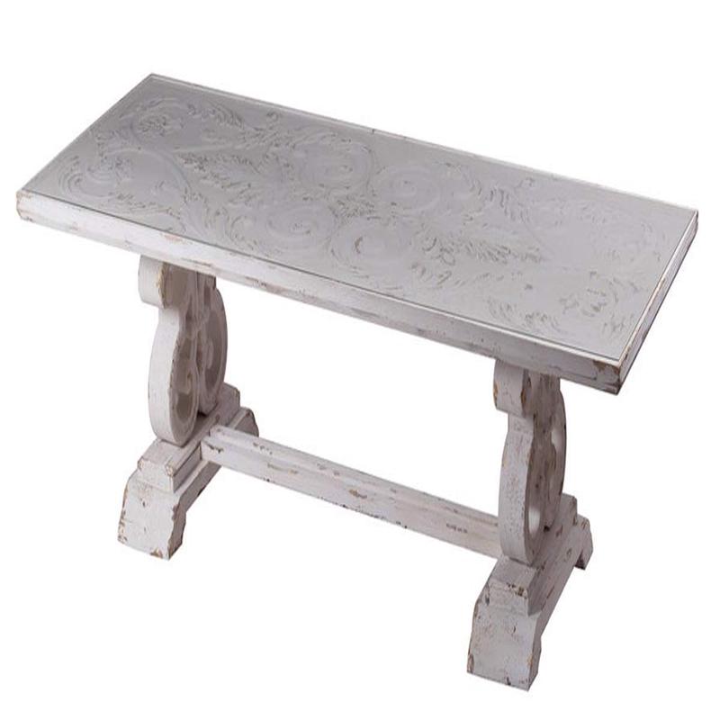 Ebros Gift Rustic Off White Distressed Fir Wood Oversized Southern French Living Country Vintage Family Dining Table with Scroll Work Design Base and Glass Top 95" Wide and 30" High Seats 8