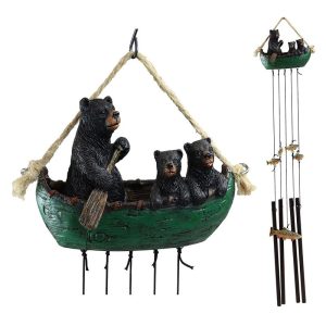 Ebros Gift Rustic Woodland Forest Black Bear Mother and 2 Cubs Family Rowing Canoe Boat Figurine Top Resonant Wind Chime with Fish Ornaments Garden Patio Rustic Cabin Lodge Mountain River Home Accent