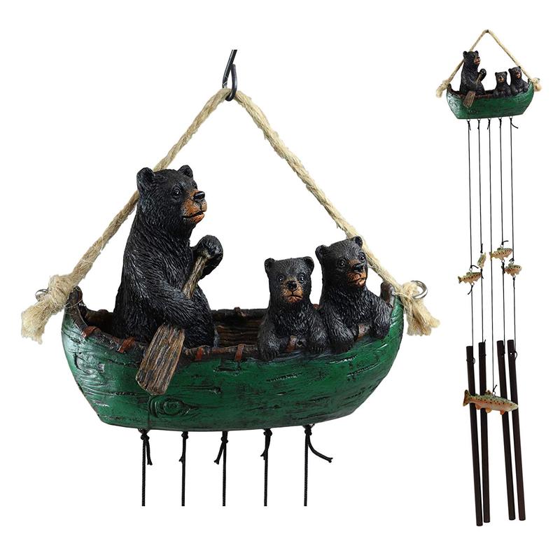 Ebros Gift Rustic Woodland Forest Black Bear Mother and 2 Cubs Family Rowing Canoe Boat Figurine Top Resonant Wind Chime with Fish Ornaments Garden Patio Rustic Cabin Lodge Mountain River Home Accent