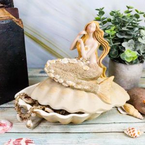 Ebros Gift Sand Brown Abstract Mermaid Sitting On Giant Sea Shell Jewelry Box Figurine with Sea Shell Ornaments 7" High