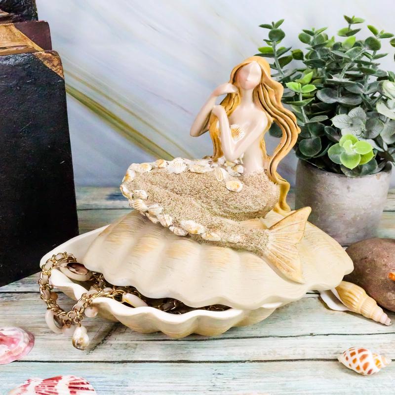 Ebros Gift Sand Brown Abstract Mermaid Sitting On Giant Sea Shell Jewelry Box Figurine with Sea Shell Ornaments 7" High