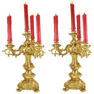 Ebros Gift Set of 2 Large 18" H Vintage Antique Baroque Design Electroplated Gold Candelabra for 4 Candles Candle Holder Home Decor Accent Wedding Centerpiece Mantelpiece Sculpture with Crystals