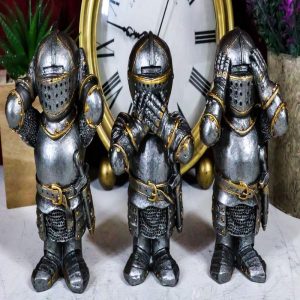 Ebros Gift Set of 3 Renaissance Medieval See Hear Speak No Evil Royal Knights Figurine 4" Tall Suit of Armor Dollhouse Miniature European Knights Sculpture Decor