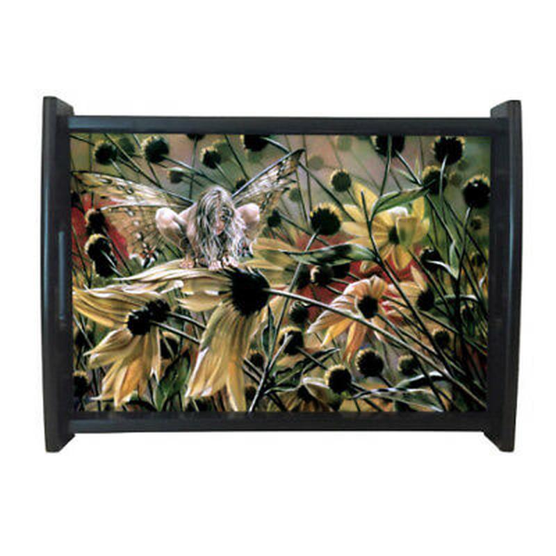Ebros Gift Sheila Wolk Designer Wooden Butler Tray 13" x 9" Personal Serving Tray With Handles (Chameleon Fairy)