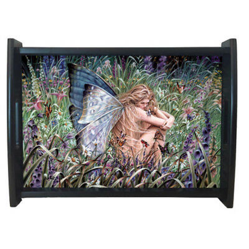 Ebros Gift Sheila Wolk Designer Wooden Butler Tray 13" x 9" Personal Serving Tray With Handles (Field of Dreams Fairy)