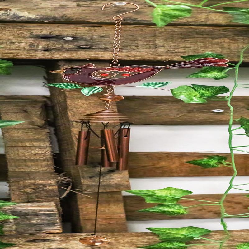 Ebros Gift Stained Glass Red Cardinal Bird Copper Metal Wind Chime 24.25"Long Resonant Outdoor Patio Garden Decor Accessory