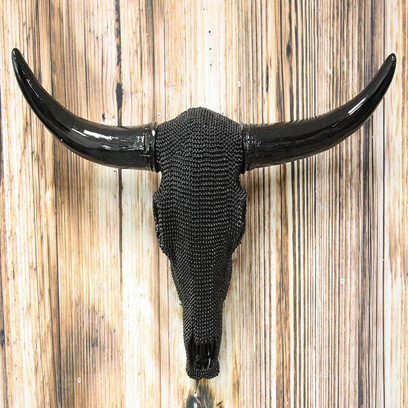 Ebros Large 18.25" W Longhorn Skull Bejeweled In Black Beads Wall Decor