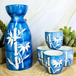 Ebros Porcelain Blue Jeans & White Bamboo Japanese Sake Rice Wine Flask And 4 Cups Set