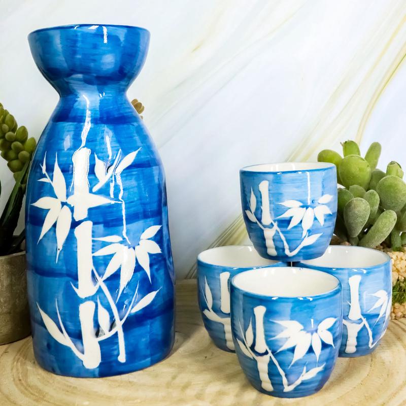 Ebros Porcelain Blue Jeans & White Bamboo Japanese Sake Rice Wine Flask And 4 Cups Set