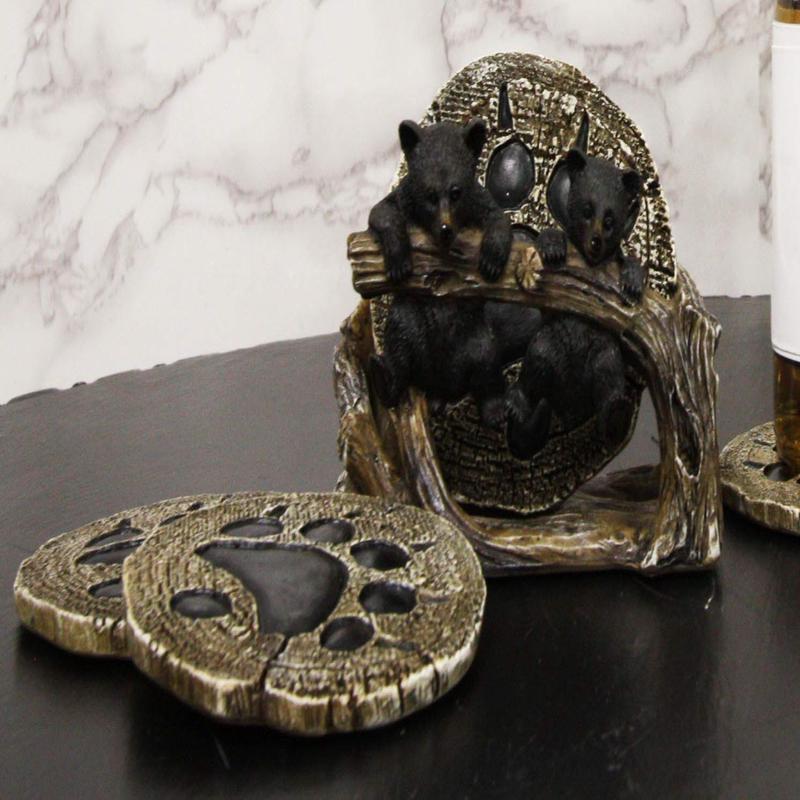 Ebros Rustic 2 Black Bears Dangling On Tree Branch Coaster Holder With 4 Coasters Set