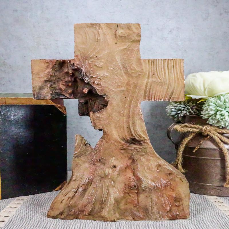 Ebros Rustic Distressed Wood Trunk Root Cross On The Mountain Sculpture 11.75" H