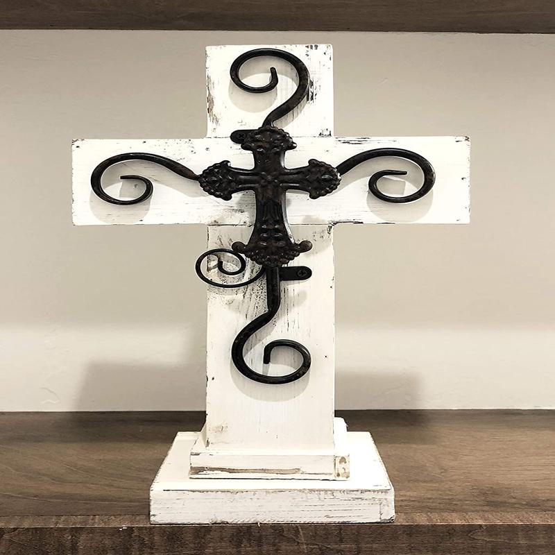 Ebros Rustic Standing Cross Statue with Iron Metal Scroll Fleury Cross 16.25" H