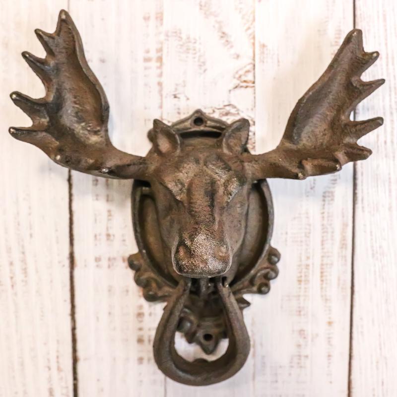 Ebros Rustic Western Forest Horned Bull Moose Head Cast Iron Door Knocker 10"H