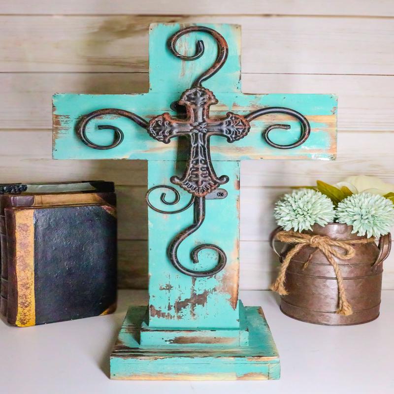 Ebros Rustic Western Wooden Turquoise Standing Cross Statue With Metal 3D Art