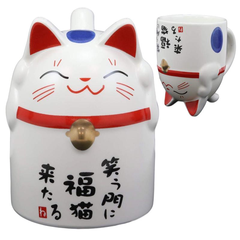 Ebros Topsy Turvy Lucky Cat Maneki Neko With Happiness Blue Dots Ceramic Coffee Mug