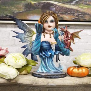 Large 14"H Fantasy Ice Elemental Fairy Controlling Ember With Red Dragon Statue