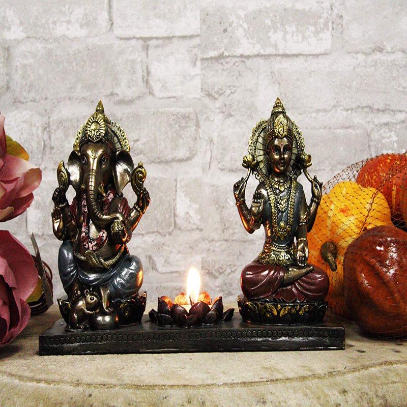 Lord Ganesha & Sri Krishna Seated With Lotus Flower Votive Candle Holder Statue