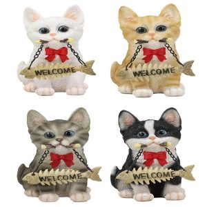 Set of 4 Cats Black White Tabby Grey Kittens With Fish Bones Welcome Figurines
