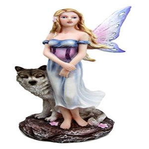 Butterfly Fairy Maiden With Alpha Wolf Guardian Decorative Figurine 9.5"H