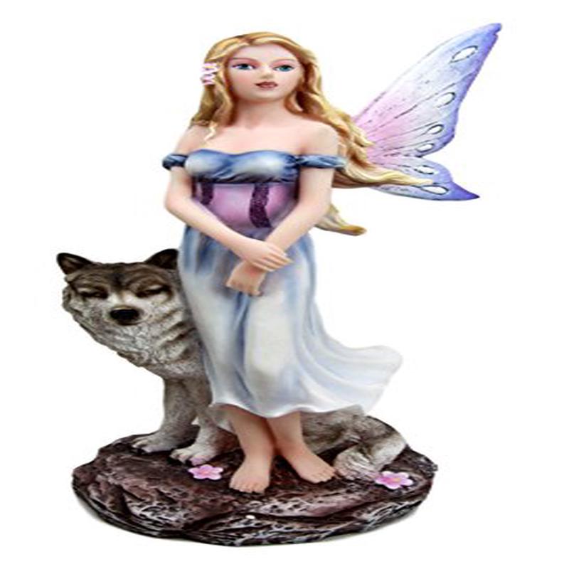 Butterfly Fairy Maiden With Alpha Wolf Guardian Decorative Figurine 9.5"H