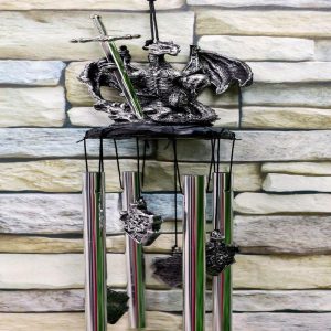 Ebros Gift Medieval Silver Dragon Holding Excalibur Sword and Orb Figurine Crown Top Resonant Wind Chime Garden Patio Home Fantasy Dungeons and Dragons Accent Decor
