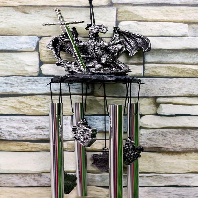 Ebros Gift Medieval Silver Dragon Holding Excalibur Sword and Orb Figurine Crown Top Resonant Wind Chime Garden Patio Home Fantasy Dungeons and Dragons Accent Decor