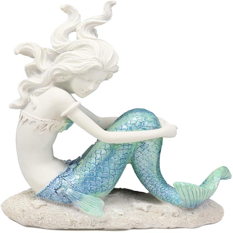 Ebros Gift Nautical Capiz Blue Tailed Siren Mermaid with Seashell and Starfish Statue Ocean Aquamarine Princess Coastal Beach Under The Sea Decorative Accent (Resting On Seabed)