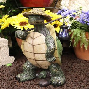 Ebros Gift Nautical Nature Lover Adventure Hiking Tortoise with Straw Hat Statue Carrying Solar Powered Lantern LED Light On A Pole Turtle Garden Yard Pool Patio Deck Home Decorative Accent