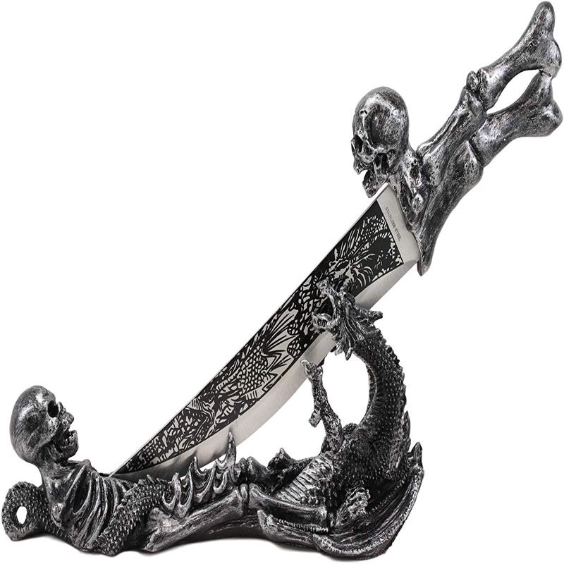 Ebros Gift Obsidian Athame Dragon Blade Letter Opener with Skeleton Base Stand