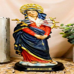 Ebros Gift Our Lady of Seven Sorrows Mater Dolorosa Standing Blessed Virgin Mary Statue On Pedestal Base with Brass Inscription 8.5" Tall Figurine