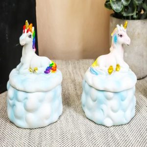 Ebros Gift Pastel Colors Rainbow Mane Unicorns Sitting On Dreamy Clouds Round Jewelry Box Statue 2 Pc Set Small Decor Figurine 3.25" H Enchanted Unicorn Magical Collectible Decorative Trinket