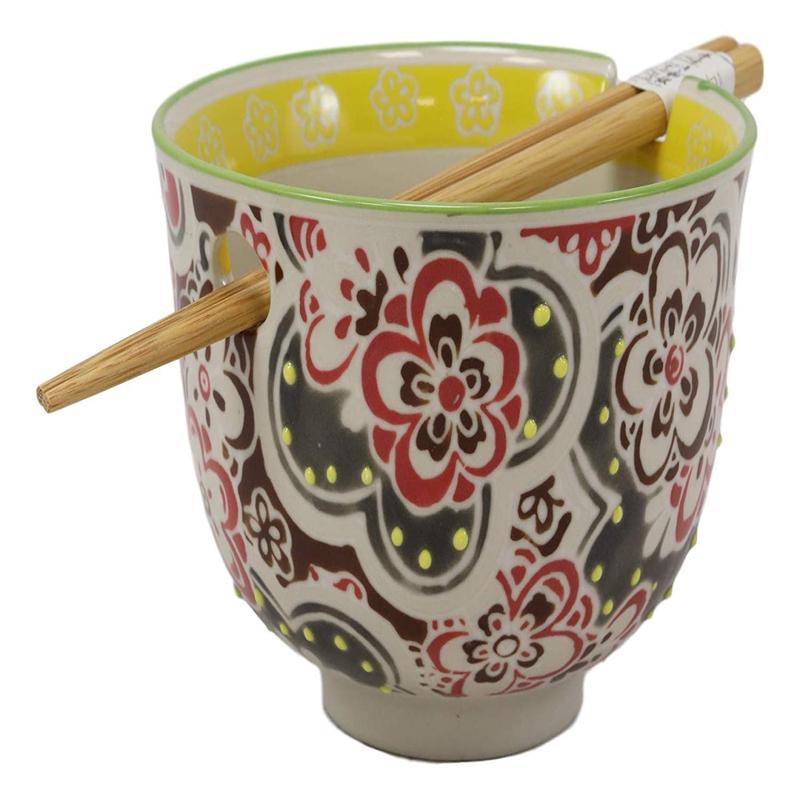 Ebros Gift Persian Summer Colorful Floral Blossoms Ramen Udong Noodles 5" Diameter Bowl With Built In Chopsticks Rest and Bamboo Chopstick Set for Dining Soup Rice Meal Bowls Decor Kitchen